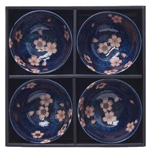 Made in Japan (MIJ) Set misek v námořnícke modré s ružovým květem Sakura 4 ks