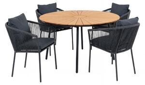 Zahradní jídelní set Cleveland & Salerno, 4 křesla a kulatý stůl, teak a černý kov – House Nordic