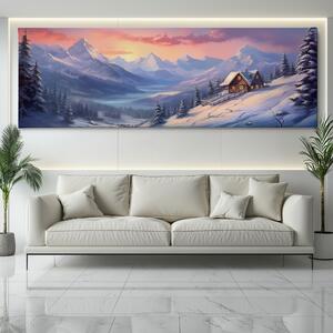 FeelHappy Obraz na plátně - Zimní krajina s horami a chatou Velikost obrazu: 120 x 40 cm