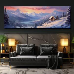 Obraz na plátně - Zimní krajina s horami a chatou FeelHappy.cz Velikost obrazu: 120 x 40 cm