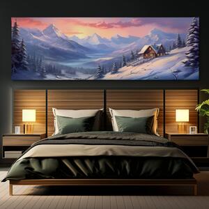 Obraz na plátně - Zimní krajina s horami a chatou FeelHappy.cz Velikost obrazu: 120 x 40 cm
