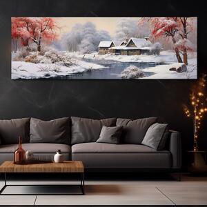 Obraz na plátně - Zimní krajina s chatou u říčky FeelHappy.cz Velikost obrazu: 120 x 40 cm