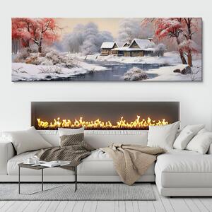 Obraz na plátně - Zimní krajina s chatou u říčky FeelHappy.cz Velikost obrazu: 240 x 80 cm