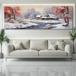 Obraz na plátně - Zimní krajina s chatou u říčky FeelHappy.cz Velikost obrazu: 120 x 40 cm