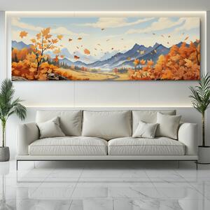 Obraz na plátně - Podzim s padajícím javorovým listím FeelHappy.cz Velikost obrazu: 90 x 30 cm