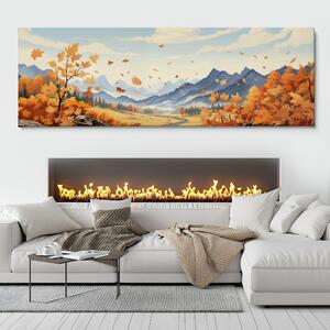 Obraz na plátně - Podzim s padajícím javorovým listím FeelHappy.cz Velikost obrazu: 120 x 40 cm