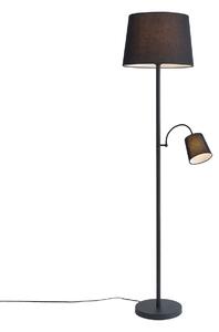 Klasická stojací lampa černá s černým stínítkem a lampičkou na čtení - Retro