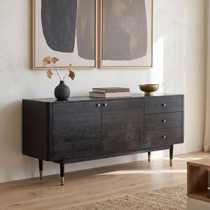 Komoda FineBuy z masivního akátového deva, 160 cm, 2 dvíka a 3 zásuvky – masivní retro komoda v erné barv – designová komoda v pírodním stylu – run vyrobená, industriální design