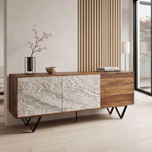 Komoda FineBuy z masivního deva sheesham, 175 cm, 2 dvíka a 3 zásuvky – masivní retro komoda v kamenném vzhledu – designová komoda v pírodním stylu – run vyrobená v industriálním stylu