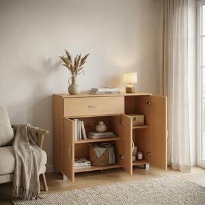 Komoda FineBuy JERRY z bukového deva s 1 zásuvkou a 3 dvíky, 90 x 75 x 30 cm | Designová komoda z MDF | Komoda do pedsín s úchytkami