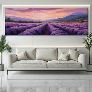 Obraz na plátně - Levandulové pole a kopcovitá krajina FeelHappy.cz Velikost obrazu: 150 x 50 cm