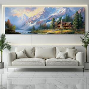 Obraz na plátně - Kouzelná chata v údolí hor FeelHappy.cz Velikost obrazu: 120 x 40 cm