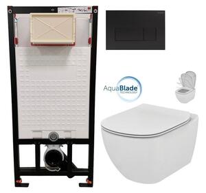 DEANTE Podomítkový rám, pro závěsné WC mísy + SLIM tlačítko černé + WC Ideal Standard Tesi se sedátkem SoftClose, AquaBlade CST_WC01 N51P TE1