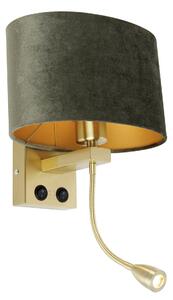 Nástěnná lampa mosazná s oválným sametovým stínítkem zelená 25 cm - Brescia Combi