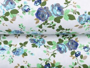 Bavlněná látka Canvas CAN-003 Modré růže na bílém - šířka 150 cm