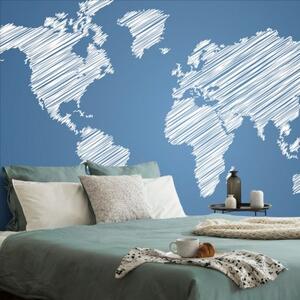 Samolepící tapeta šrafovaná mapa světa na modrém pozadí - 375x250 cm