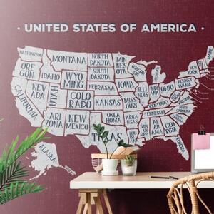 Samolepící tapeta naučná mapa USA s bordóvým pozadím - 300x200 cm