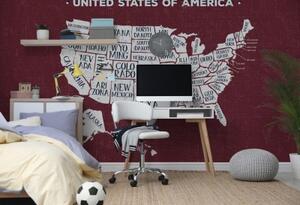 Tapeta naučná mapa USA s bordovým pozadím - 150x100 cm