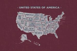 Tapeta naučná mapa USA s bordovým pozadím - 300x200 cm