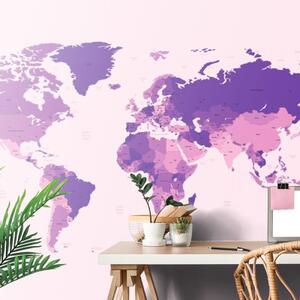 Tapeta detailní mapa světa ve fialové barvě - 300x200 cm