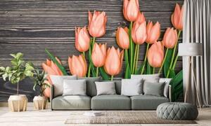 Tapeta oranžové tulipány na dřevěném podkladu - 300x200 cm