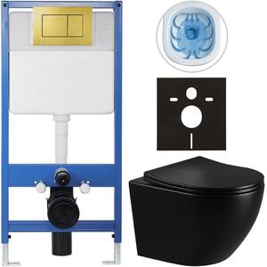 Kompletní WC set Profi/Cesso - černá lesklá - WC tlačítko Classic/Zlatá - předstěnová instalace - 49x36 cm