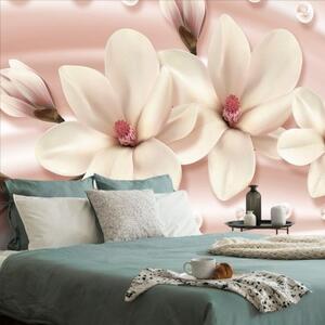 Tapeta magnolie s perlami na saténovém pozadí - 375x250 cm