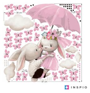 Samolepka na zeď - Zajíci letící na růžovém deštníku