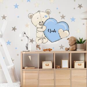 Modrá samolepka na zeď pro deti - Medvídek se jménem a srdíčkem