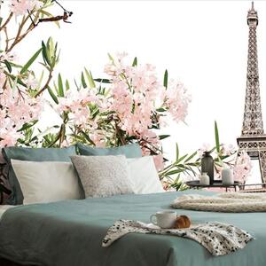 Samolepící fototapeta Eiffelova věž a růžové květy - 450x300 cm