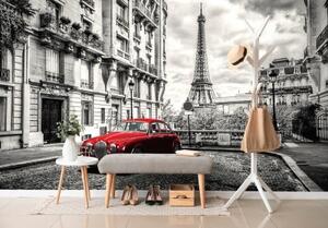 Samolepící fototapeta červené retro auto v Paříži - 450x300 cm