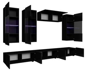 Obývací stěna s LED modrým osvětlením CHEMUNG 11 - černá / lesklá černá