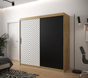 Šatní skříň s grafikou JANETTE 1 - šířka 200 cm, dub artisan / bílá / černá