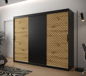 Šatní skříň s grafikou JANETTE 1 - šířka 250 cm, černá / dub artisan