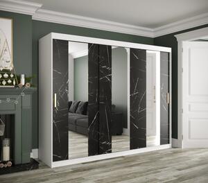Šatní skříň s posuvnými dveřmi a zrcadly MAREILLE 4 - šířka 250 cm, bílá / černý mramor