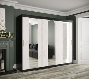 Šatní skříň s posuvnými dveřmi a zrcadly MAREILLE 4 - šířka 250 cm, černá / bílý mramor