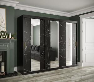 Šatní skříň s posuvnými dveřmi a zrcadly MAREILLE 4 - šířka 250 cm, černá / černý mramor