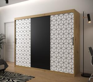 Šatní skříň s grafikou PERIANA - šířka 250 cm, dub artisan / bílá / černá