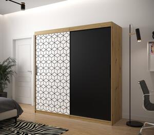 Šatní skříň s grafikou PERIANA - šířka 200 cm, dub artisan / bílá / černá