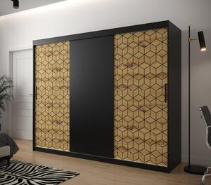 Šatní skříň s grafikou PERIANA - šířka 250 cm, černá / dub artisan