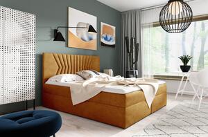 Čalouněná postel s prošívaným čelem AKIM - 180x200, žlutá + topper ZDARMA