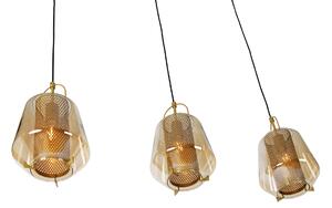 Závěsná lampa zlatá s jantarovým sklem 23 cm podlouhlá 3-světelná - Kevin