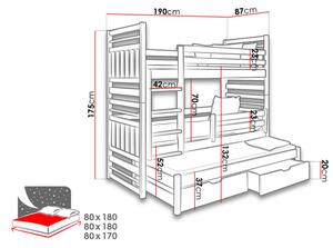 Dětská patrová postel s přistýlkou 80x180 LOHRA - grafitová / šedá, pravé provedení