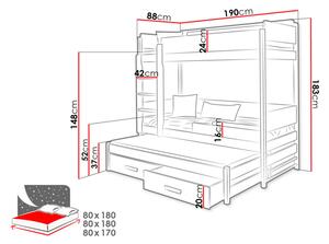 Dětská patrová postel pro tři 80x180 MEDEBACH - bílá / šedá, pravé provedení