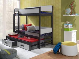 Dětská patrová postel pro tři 90x200 MEDEBACH - grafitová / šedá, levé provedení