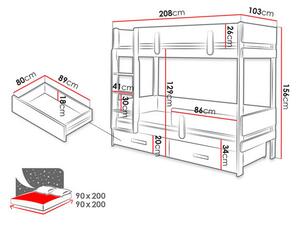 Dětská patrová postel se zábranou 90x200 HALVER 1 - bílá / dub artisan, levé provedení