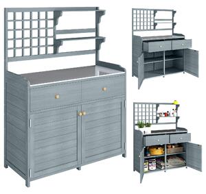 Outsunny světle šedý zahradní stůl na přesazování se skříňkou a pozinkovanou pracovní deskou, 2 zásuvky — 104 x 44 x 140 cm | Aosom