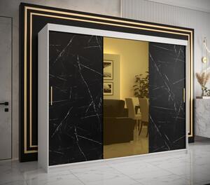 Designová šatní skříň se zlatým zrcadlem MADLA 1 - šířka 250 cm, bílá / černá