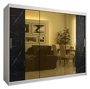 Designová šatní skříň se zlatým zrcadlem MADLA 2 - šířka 250 cm, bílá / černá