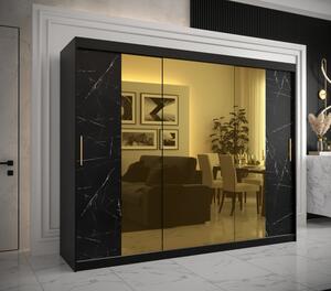 Designová šatní skříň se zlatým zrcadlem MADLA 2 - šířka 250 cm, černá